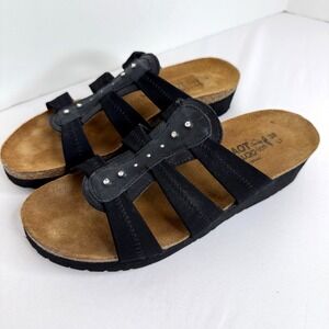 NAOT Brooke Black Leather Slide Sandals Sz 38 Walking Comfort Low Wedge NICE